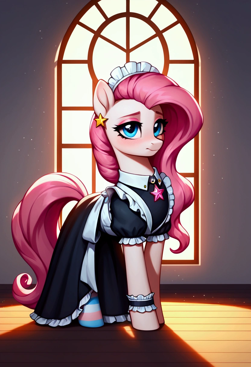 score_9,score_8_up,score_7_up,score_6_up, ((my little pony)), radiant lighting, vibrant colors, whimsical atmosphere, 8K, high resolution, highly detailed, masterpiece, ((brightness white body)), blue eyes, (maid costume), striped stockings, star pendant, earrings, eyeshadow, (very long pink hair:1.3), (((escort showing butt:1.4)))