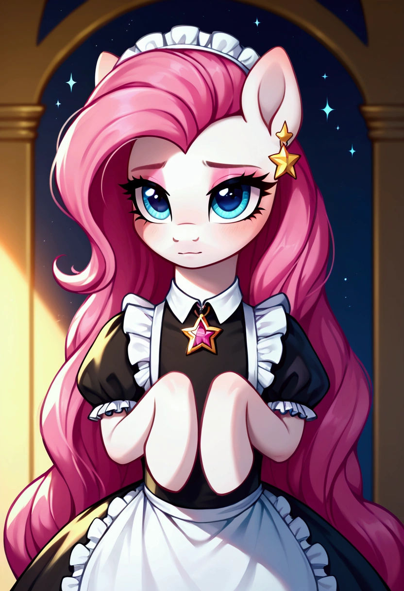 score_9,score_8_up,score_7_up,score_6_up, ((my little pony)), radiant lighting, vibrant colors, whimsical atmosphere, 8K, high resolution, highly detailed, masterpiece, (shy look), ((pony body)), ((brightness white body)), blue eyes, (maid costume), striped stockings, star pendant, earrings, eyeshadow, (very long pink hair:1.3), ((hot pose)), (devoted gaze)