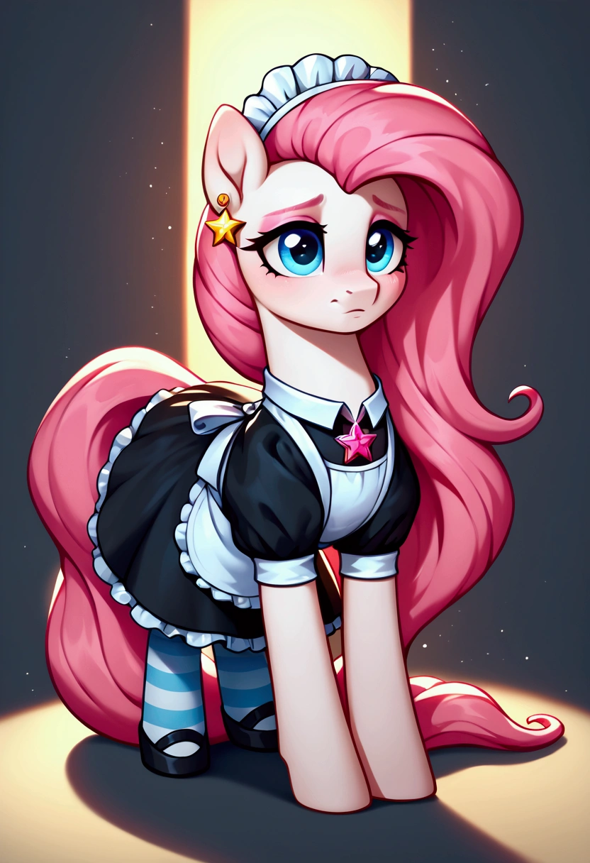 score_9,score_8_up,score_7_up,score_6_up, ((my little pony)), radiant lighting, vibrant colors, whimsical atmosphere, 8K, high resolution, highly detailed, masterpiece, (shy look), ((pony body)), ((brightness white body)), blue eyes, (maid costume), striped stockings, star pendant, earrings, eyeshadow, (very long pink hair:1.3), ((hot pose)), (devoted gaze)