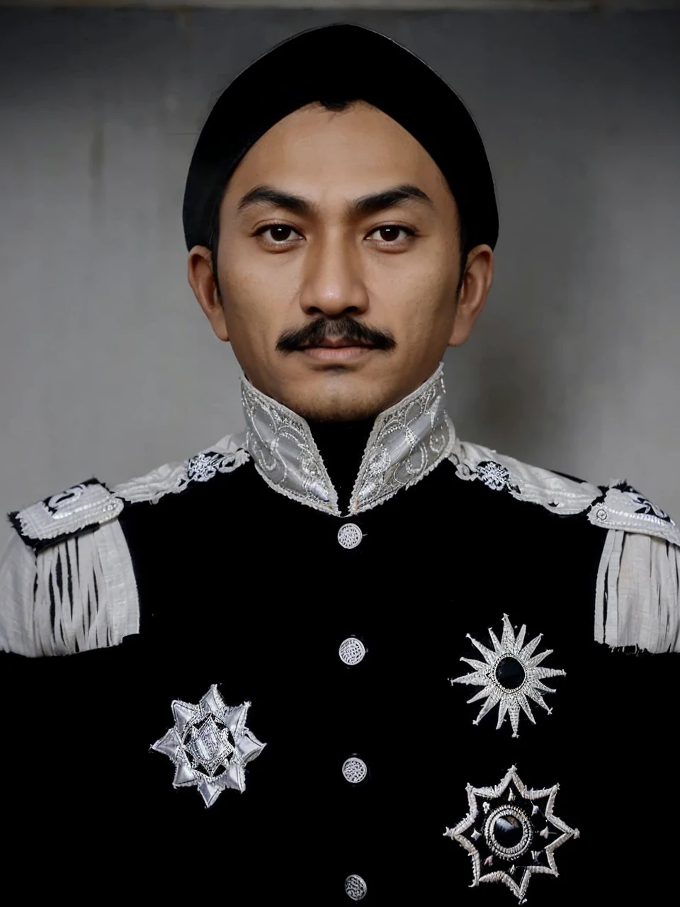 Indonesian Muslim man, aged 40 years or over, brown skin, slightly wrinkled on the forehead, naturally clear eyes, long thick eyebrows, long black mustache, closed mouth, wearing clothes that have the nuances of a great king, black kanigaran clothes and head covering. HD quality realistic images
