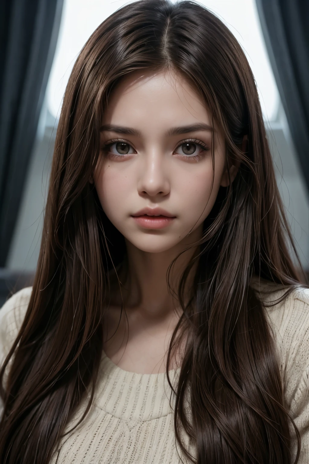 Woman with long hair and dark brown eyes, with a dominant and cold look. Light brown skin color.