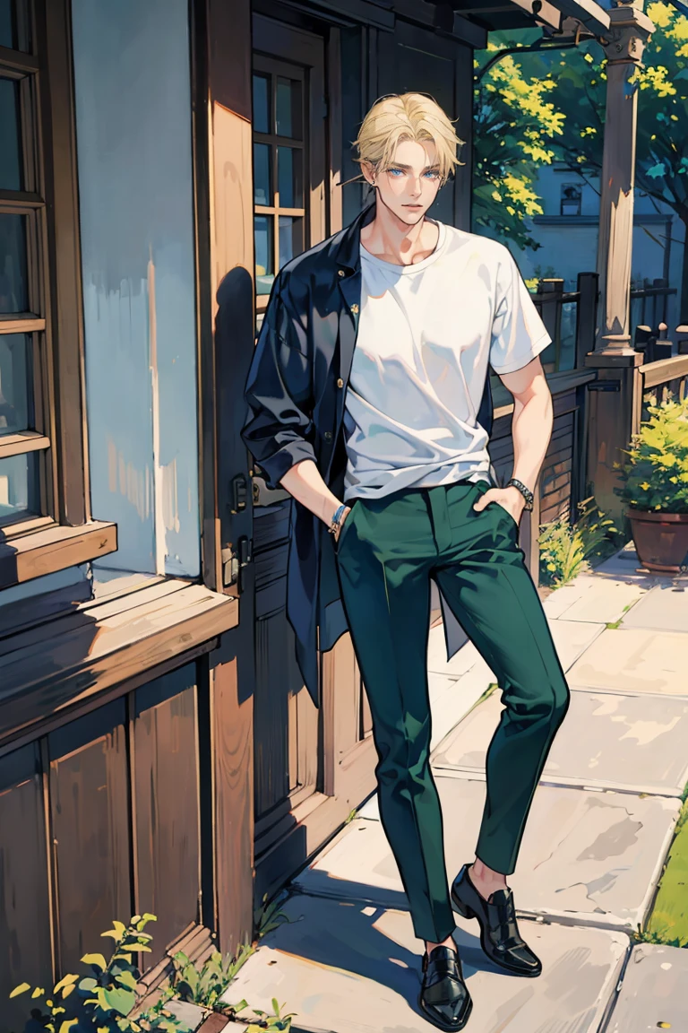 (masterpiece), best quality, seductive eyes, perfect face, handsome man, blue eyes, short slicked back blonde hair, long nose, tan brown skin, dark green t-shirt, black pants, extremely tall man, long legs, long calves, full body, tall man, long legs, anime cover, 1boy, ear piercings, facial piercings, hands in pockets, adult-like look, bad boy