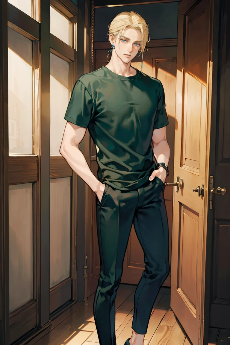(masterpiece), best quality, seductive eyes, perfect face, handsome man, blue eyes, short slicked back blonde hair, long nose, tan brown skin, dark green t-shirt, black pants, extremely tall man, long legs, long calves, full body, tall man, long legs, anime cover, 1boy, ear piercings, facial piercings, hands in pockets, adult-like look, bad boy

