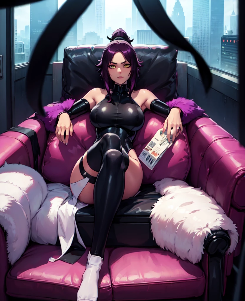 1girl, sofa, sitting, legs crossed, bodysuit, black bodysuit, bare arms, bare shoulders, (large breasts:1.2), yoruichi shihouin, dark skin, dark-skinned female, ponytail, purple hair, yellow eyes, (black leotard:1.4), thighhighs, full body, ((Leg Crossing ))