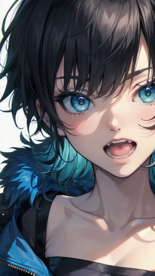Close-up of a cartoon girl with blue hair and a yellow shirt, 2D Animation, 2D Animation style, 2D Art, 2D Art, 2D from Gorillaz, 2D from Gorillaz, 2D Gorillaz, Screaming Cerket, 2D Sprites, Jinx Face, short hair, Small breasts, hot pants, ((Black Hair, Bright blue fur inside:1.4))