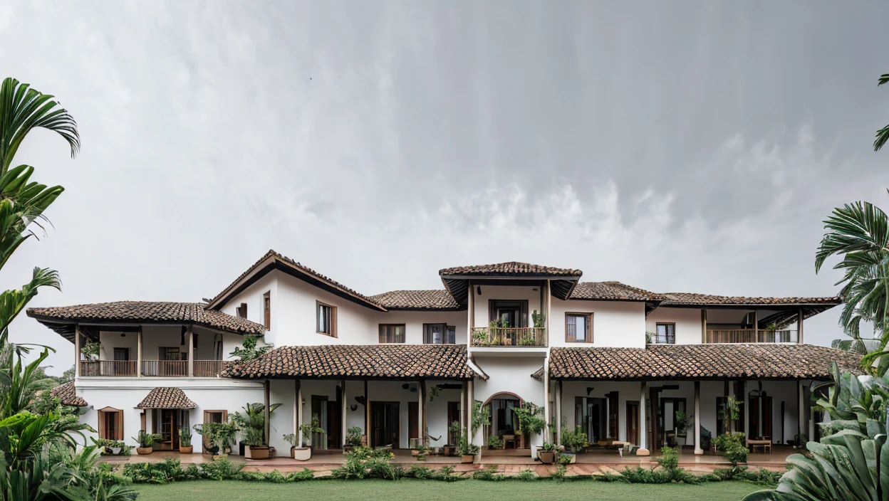 photography, tropical villa, interior war
m light, white stucco walls, gable tiled roof, wood column supports, upper level balcony, lush greenery, potted plants, open veranda, overcast sky, wide shot, natural daylight   