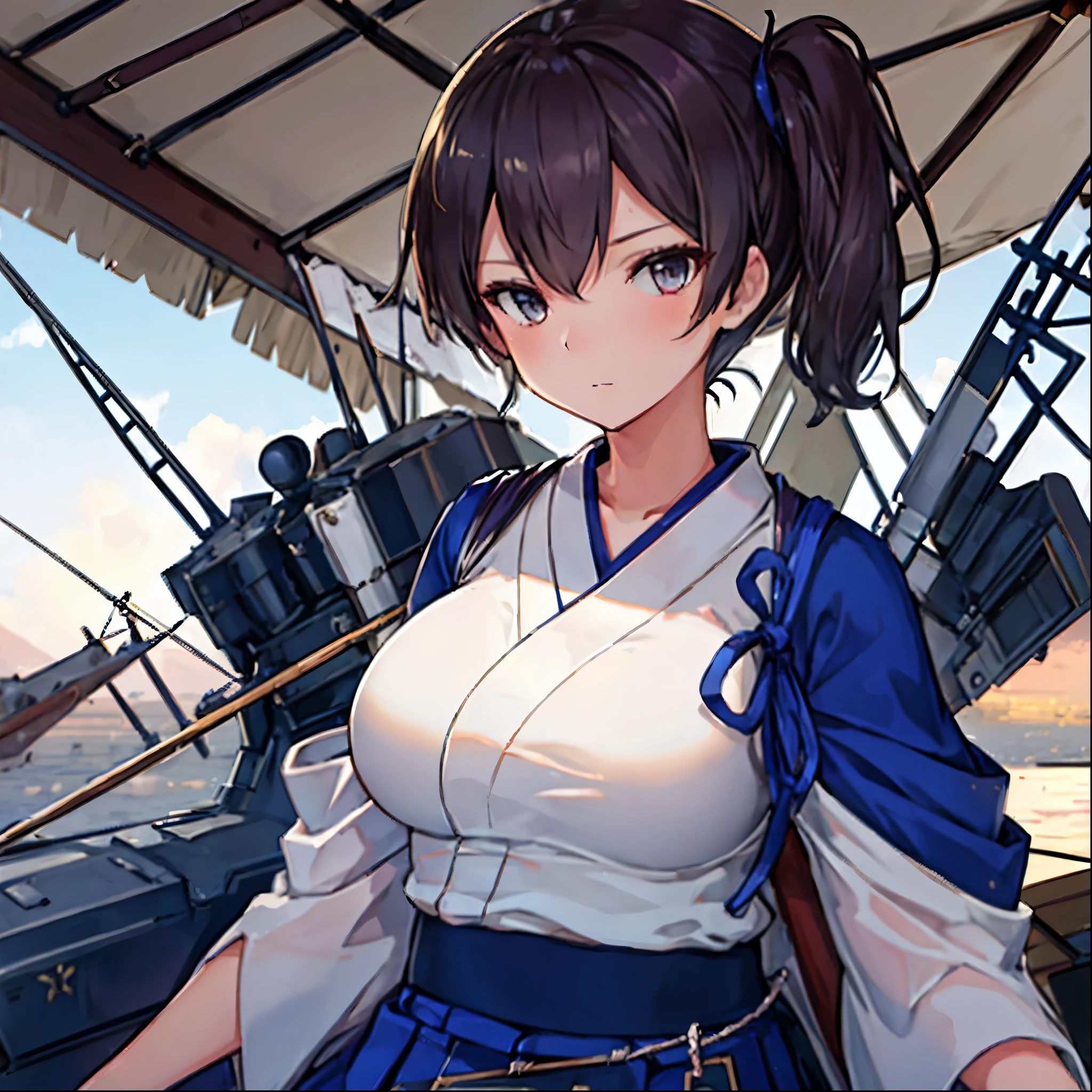 Kaga(Fleet Collection),highest quality, masterpiece, High resolution,kimono,blue skirt,side ponytail,big_breasts,