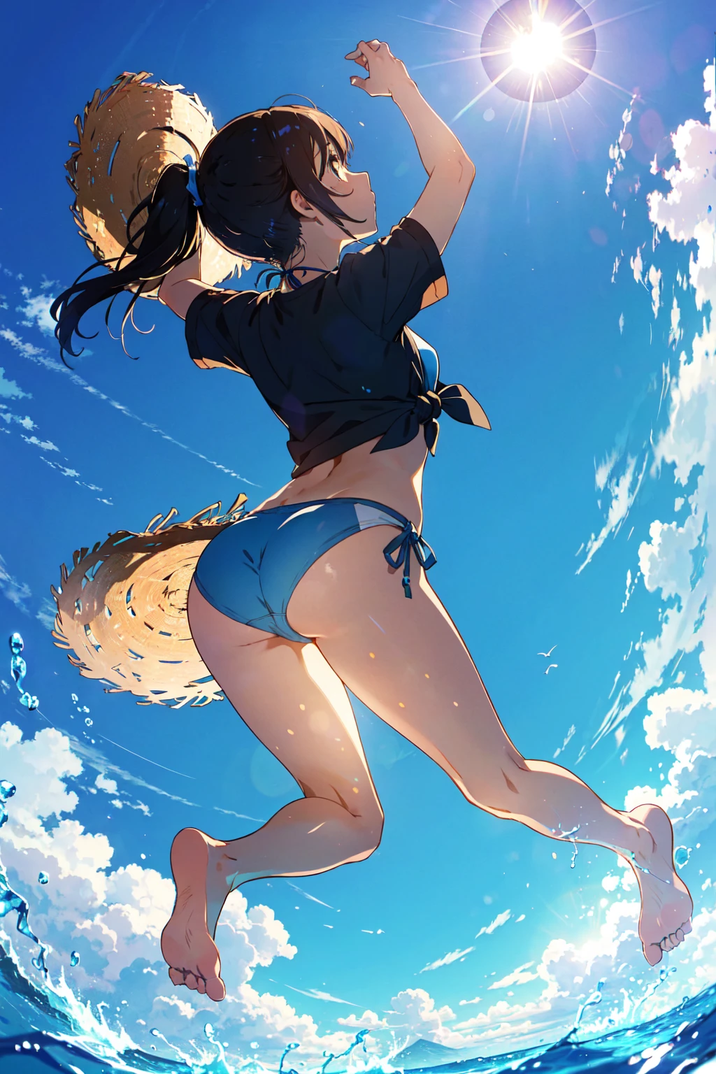 (Looking up at the blue sky:1.3), Ocean, sun, Angle looking up from below, (Girl wearing a T-shirt over a bikini:1.1), (big lauth:1.3), (detailed eye:1.3), (Back view:1.3), ponytail, Spread your arms and take a big jump, arms up, split knees, Jumping with bent legs, barefoot, arch her back, Uplifting, Disheveled Hair, Tie the bottom of your T-shirt, Wind, Hold down the straw hat, correct left and right hands