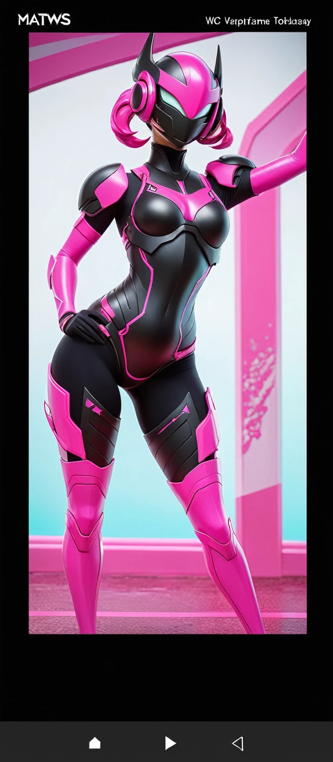 a close up of a person in a black and pink outfit, slick pink armor, fuchsia skin beneath the armor, streamlined pink armor, fuchsia skin below the armor, thick smooth warframe thighs, tokusatsu suit vaporwave, pink body, bubblegum body, matte pink armor, in spandex suit, thicc, pregnant female cyborg, fuchsia skin