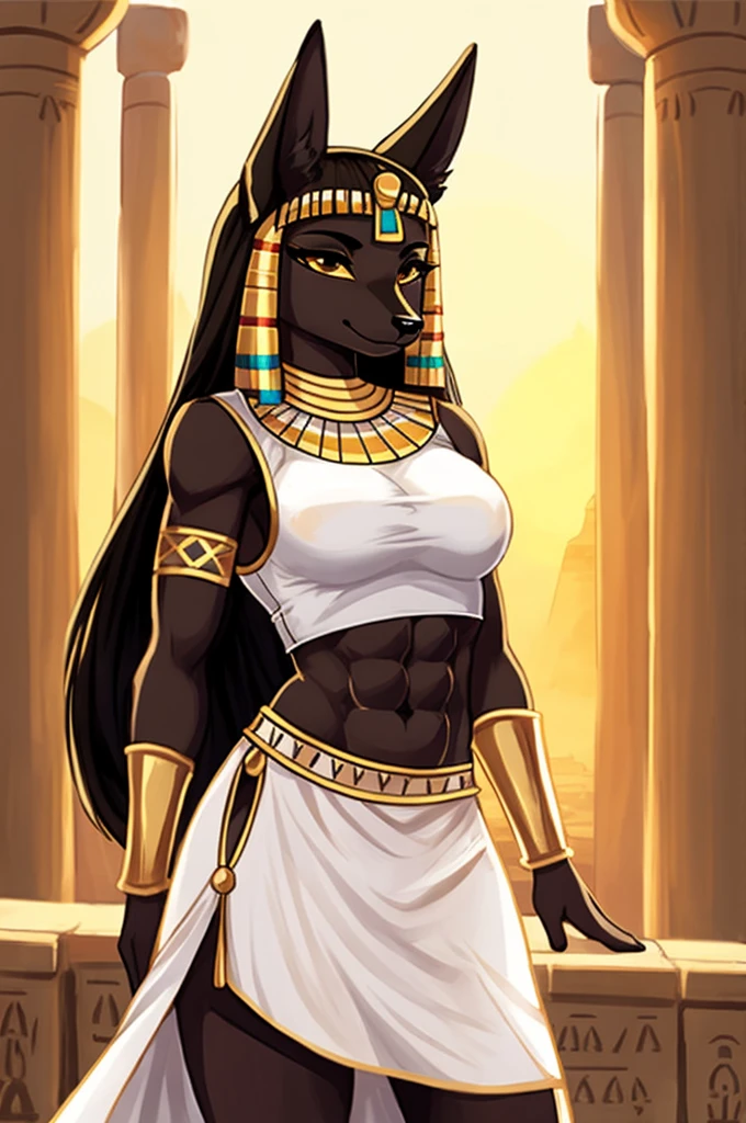 female tan anubis with rock hard abs wearing a crop top white sleeveless Egyptian dress with white long Egyptian skirt, dog, anthro, female, digital art
