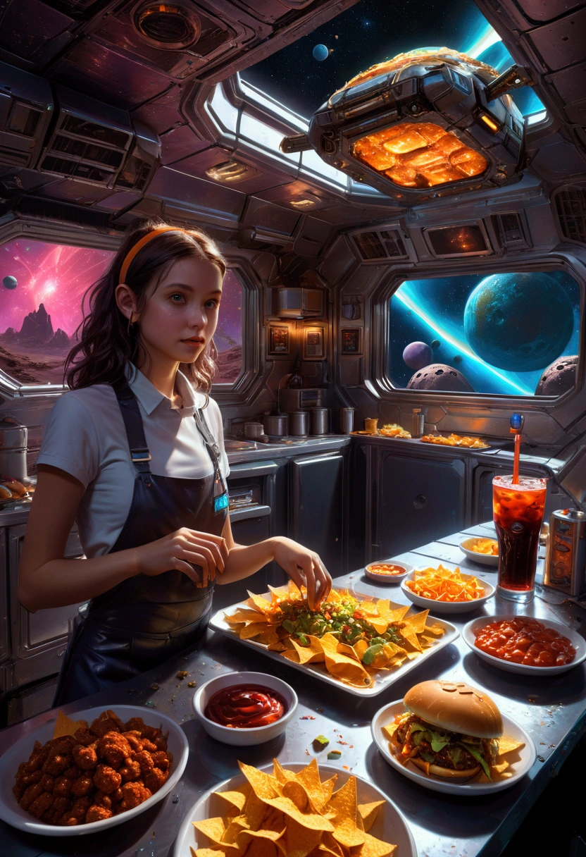 1girl, Fast Food Worker, award-winning illustration, concept art, digital painting, spaceship food truck flying through asteroid field, serving space miners, neon lights, holographic menu, robot chef, (food: space burgers, alien nachos, cosmic cola), sci-fi atmosphere, highly detailed spaceship design/aesthetic, 4k resolution, hyper-detailed, detailed matte painting, deep color, fantastical, intricate detail, splash screen, complementary colors, fantasy concept art, 8k resolution trending on Artstation Unreal Engine 5, masterpiece, best quality, very aesthetic, absurdres