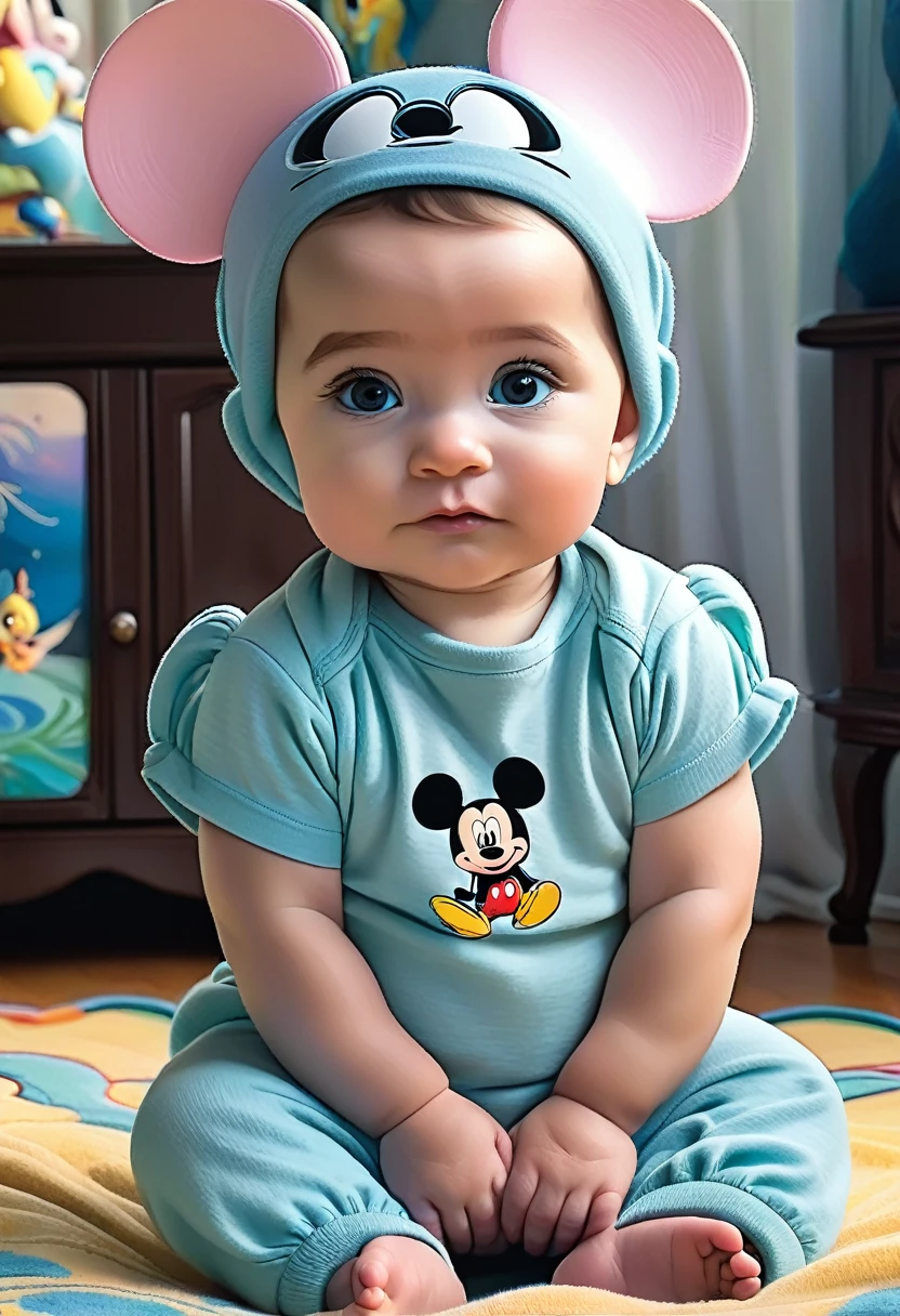 Turn this photo of my baby into a drawing, Disney style, staying as close to the original photo as possible.