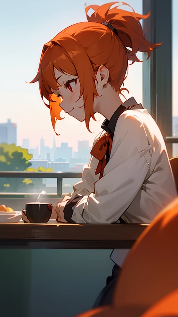 1girl、Orange Hair、ponytail、Round red eyes、short hair、smile、profile、Face close-up、Morning Cafe Terrace、Background blur, Written boundary depth
