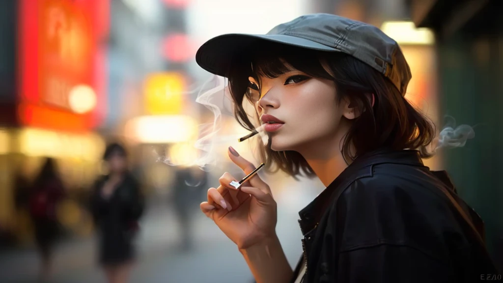 woman smoking a cigarette on a city street in the evening, woman smoking a cigarette, woman smoking cigarette, portrait of a japanese , smoking woman, dramatic smoking pose, smoking a cigarette, smoking cigarette, kiko mizuhara, by Eizan Kikukawa, cigarette, by Shinoda Toko, japanese city street fashion, portrait of a smoking woman