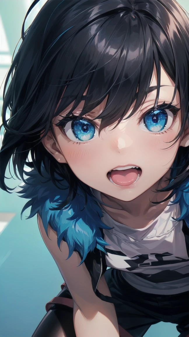 Close-up of a cartoon girl with blue hair and a yellow shirt, 2D Animation, 2D Animation style, 2D Art, 2D Art, 2D from Gorillaz, 2D from Gorillaz, 2D Gorillaz, Screaming Cerket, 2D Sprites, Jinx Face, short hair, Small breasts, hot pants, ((Black Hair, Bright blue fur inside:1.4))