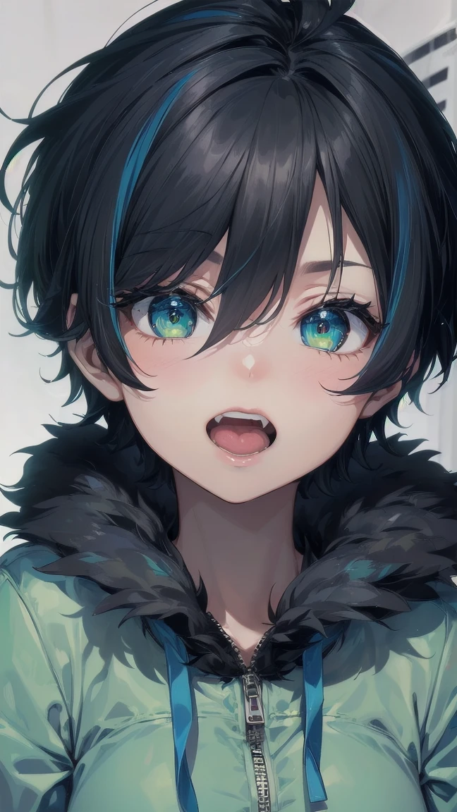 Close-up of a cartoon girl with blue hair and a yellow shirt, 2D Animation, 2D Animation style, 2D Art, 2D Art, 2D from Gorillaz, 2D from Gorillaz, 2D Gorillaz, Screaming Cerket, 2D Sprites, Jinx Face, short hair, Small breasts, hot pants, ((Black Hair, Bright blue fur inside:1.4))