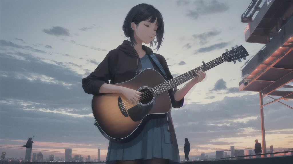 Acoustic guitar,Pitch black night sky,Octane, Star (zero), scenery, Blue parakeet,The acoustic guitar is placed in front of the body.,Star, night, Back view, Outdoor, city,Blue parakeet,building, cloud, Heavenly River,silhouette