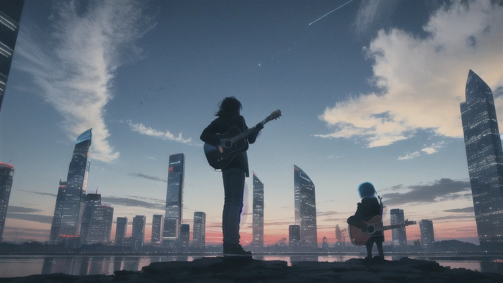 Acoustic guitar,Pitch black night sky,Octane, Star (zero), scenery, Blue parakeet,The acoustic guitar is placed in front of the body.,Star, night, Back view, Outdoor, city,Blue parakeet,building, cloud, Heavenly River,silhouette