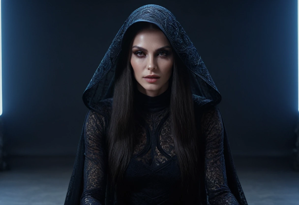 Fashionable of androgynous alien looking witch wearing veil, glowing eyes, beautiful evil slavic muscular woman, pale skin, long hair, futuristic design, minimal details, givenchy, photoreal, 200mm, hd, f/ 2.0, highly detailed, surreal, sitting, light smile, simple black stylish clothes, a slight smiledrop dead, in the style of red and blue, (intricate details, hyperdetailed:1.15) (skin texture:1.2), cinematic, professional, 4k, (((dynamic model pose))), sitting, full body, mesmerizing, dynamic, dramatic, dynamic pose, highly detailed skin with hair, subcutaneous veins, light and shadow play, highly detailed,24mm photograph, bokeh, professional, 4k,