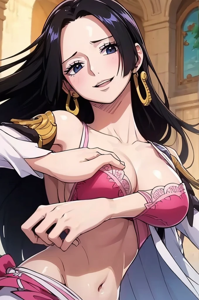 (((masterpiece))), (((best quality))), ((ultra-detailed)), (highly detailed CG illustration), Boa Hancock, (nsfw:1.3), (masterpiece:1.5), Detailed Photo, Smiling, Sexy, (Best Quality: 1.4), (1girl), Beautiful Face, (Black Hair, long Hair: 1.3), Beautiful Hairstyle, beautiful detail eyes, (realistic skin), beautiful skin, absurd, attractive, ultra high resolution, high definition, (sexually aroused:1.5), Pinkish white skin, cool white light, sexy pose, Beautiful , white background, pink soft white light
