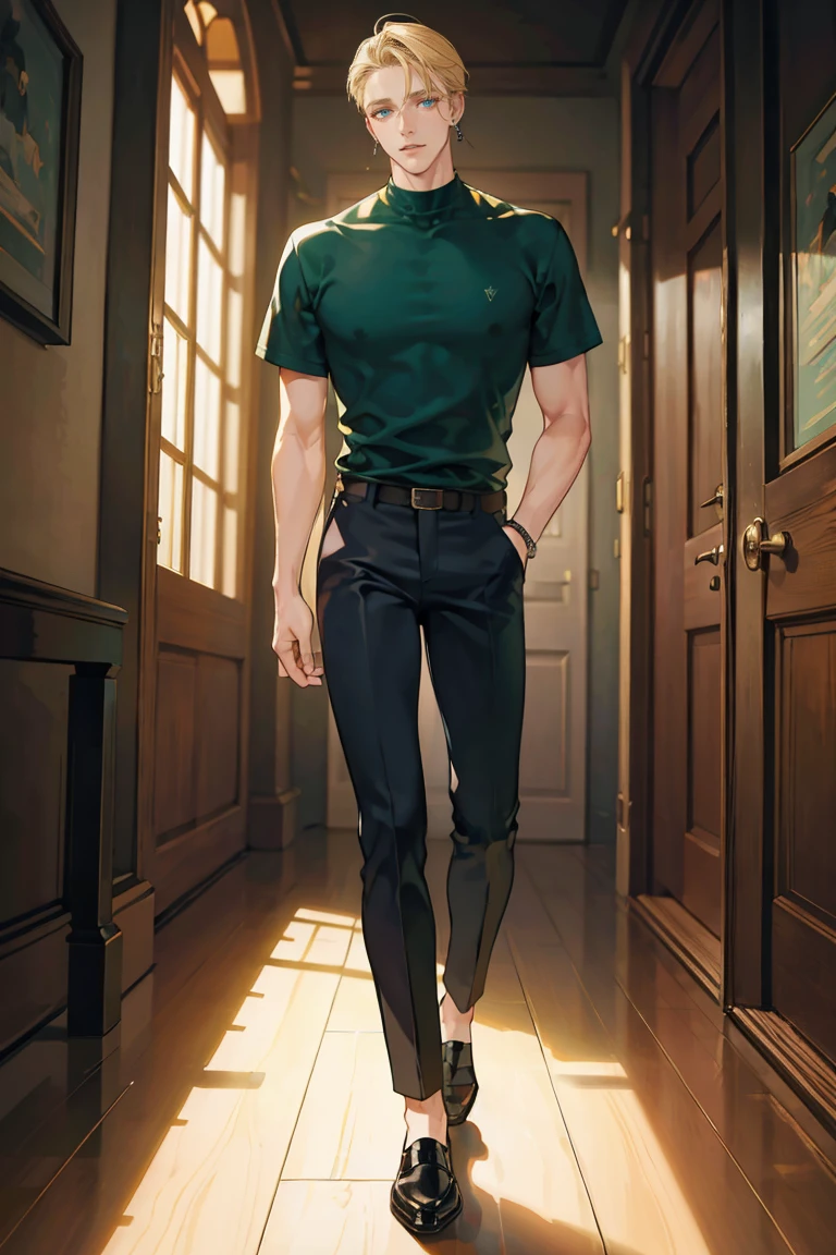 (masterpiece), best quality, seductive eyes, perfect face, handsome man, blue eyes, short slicked back blonde hair, long nose, tan brown skin, dark green t-shirt, black pants, extremely tall man, long legs, long calves, full body, tall man, long legs, anime cover, 1boy, ear piercings, facial piercings, hands in pockets, adult-like look, bad boy