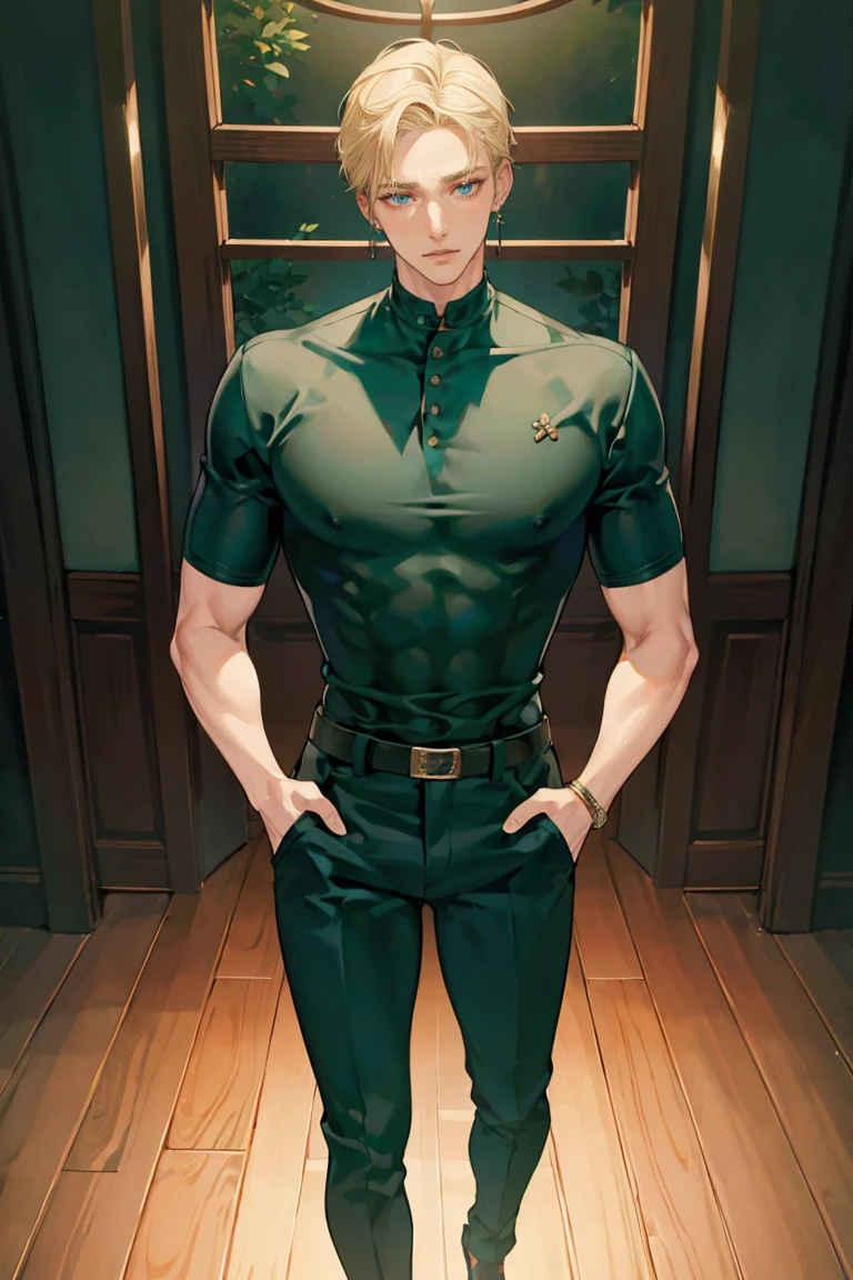 (masterpiece), best quality, seductive eyes, perfect face, handsome man, blue eyes, short slicked back blonde hair, long nose, tan brown skin, dark green t-shirt, black pants, extremely tall man, long legs, long calves, full body, tall man, long legs, anime cover, 1boy, ear piercings, facial piercings, hands in pockets, adult-like look, bad boy