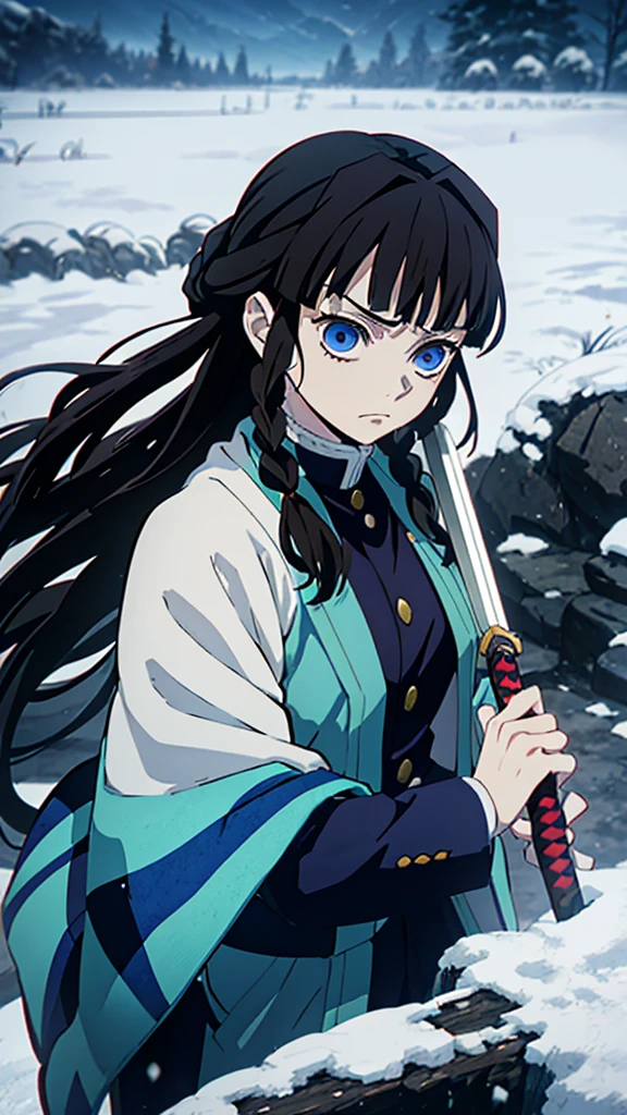 Kimetsu no Yaiba style, 1 mature, girl, blue eyes, a hashira, pretty, long dark brown hair in braids, curtain bangs, annoyed expression, noble, Pillar Demon Slayer, holding a sword, wearing demon slayer uniform, holding a blue demon slayer sword, dark and snowy background