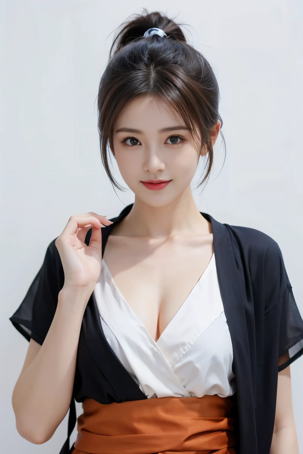 (masterpiece, best quality,:1.2), 2 girls, (solitary:1.3), ,Red short sleeve(I don't know about fire dance cos,Open Kimono 1.2), V-neck,Large Breasts,Cleavage,Smile,(fatal, Practical, real life, exception, Best aesthetics, new, newest, best quality, masterpiece:1.2), Soft_Light, Soft_skin_Tone, Miss_Big ponytail hair, (White background, Simple background,:1.2),,Half-length photo HD