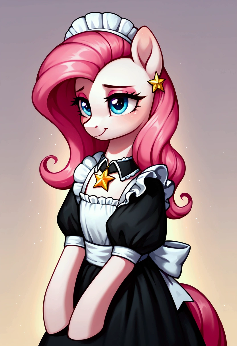 score_9,score_8_up,score_7_up,score_6_up, ((my little pony)), radiant lighting, vibrant colors, whimsical atmosphere, 8K, high resolution, highly detailed, masterpiece, (shy look), ((pony body)), ((brightness white body)), blue eyes, (maid costume), striped stockings, star pendant, earrings, eyeshadow, (very long pink hair:1.3), ((hot pose)), (devoted gaze)