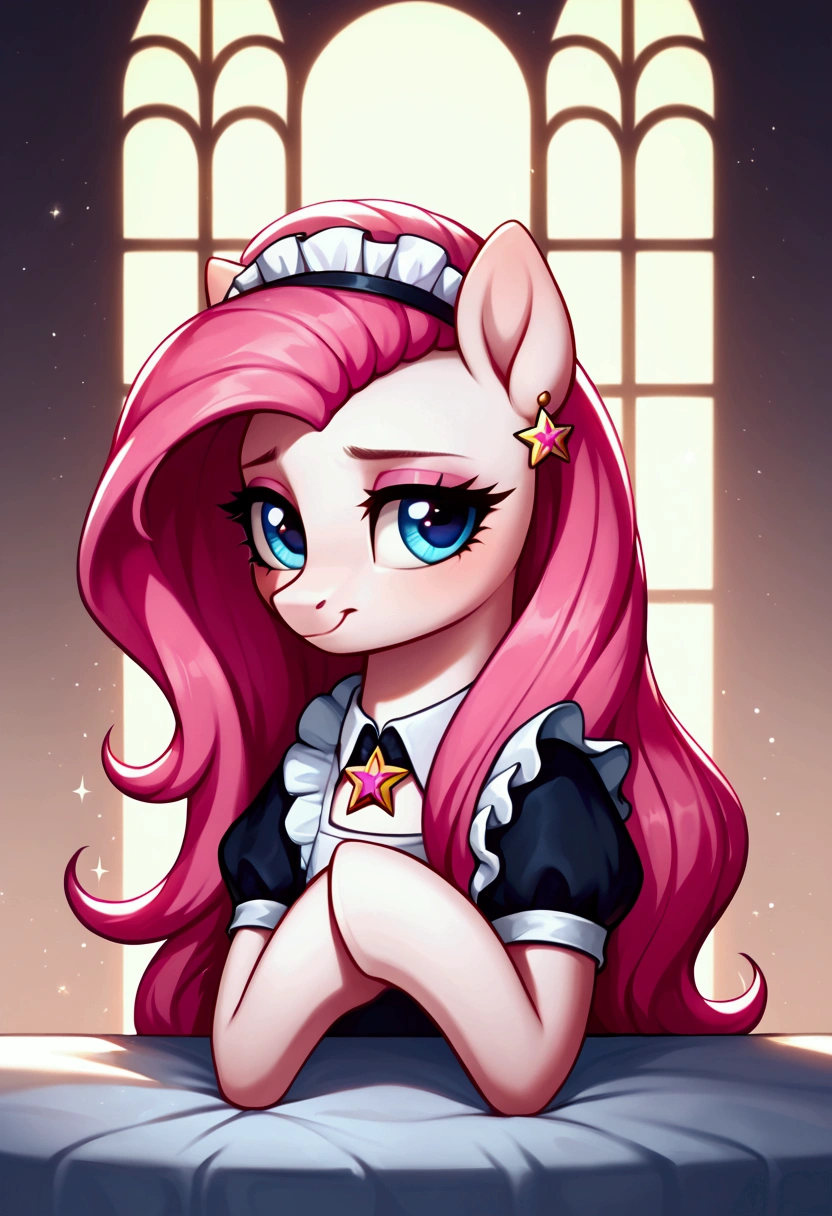 score_9,score_8_up,score_7_up,score_6_up, ((my little pony)), radiant lighting, vibrant colors, whimsical atmosphere, 8K, high resolution, highly detailed, masterpiece, (shy look), ((pony body)), ((brightness white body)), blue eyes, (maid costume), striped stockings, star pendant, earrings, eyeshadow, (very long pink hair:1.3), ((hot pose)), (devoted gaze)