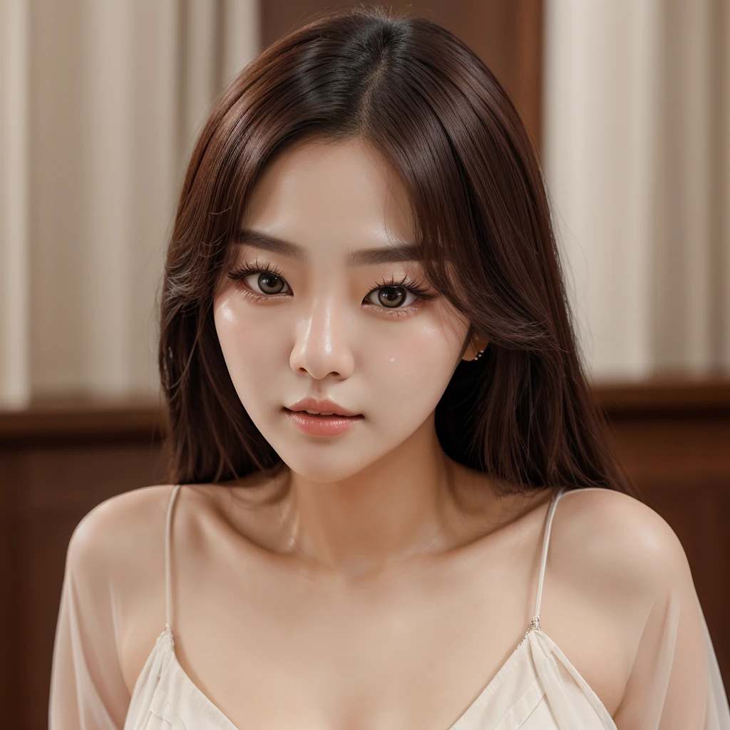 Realistic photo of (1 cute Korean actress) long straight hair, thin makeup, medium breasts, long dress, close up, Canon EOS clear facial features 8K high resolution, sharp detail, realistically