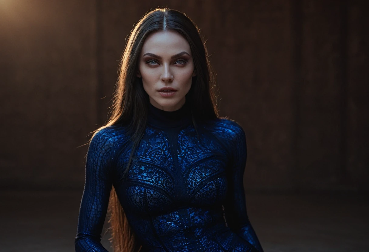 Fashionable of androgynous alien looking witch, glowing eyes, beautiful evil slavic muscular woman, pale skin, long hair, futuristic design, minimal details, givenchy, photoreal, 200mm, hd, f/ 2.0, highly detailed, surreal, sitting, light smile, simple black stylish clothes, a slight smiledrop dead, in the style of red and blue, (intricate details, hyperdetailed:1.15) (skin texture:1.2), cinematic, professional, 4k, (((dynamic model pose))), sitting, full body, mesmerizing, dynamic, dramatic, sensual, dynamic pose, highly detailed skin with hair, subcutaneous veins, light and shadow play, highly detailed,24mm photograph, film, bokeh, professional, 4k,