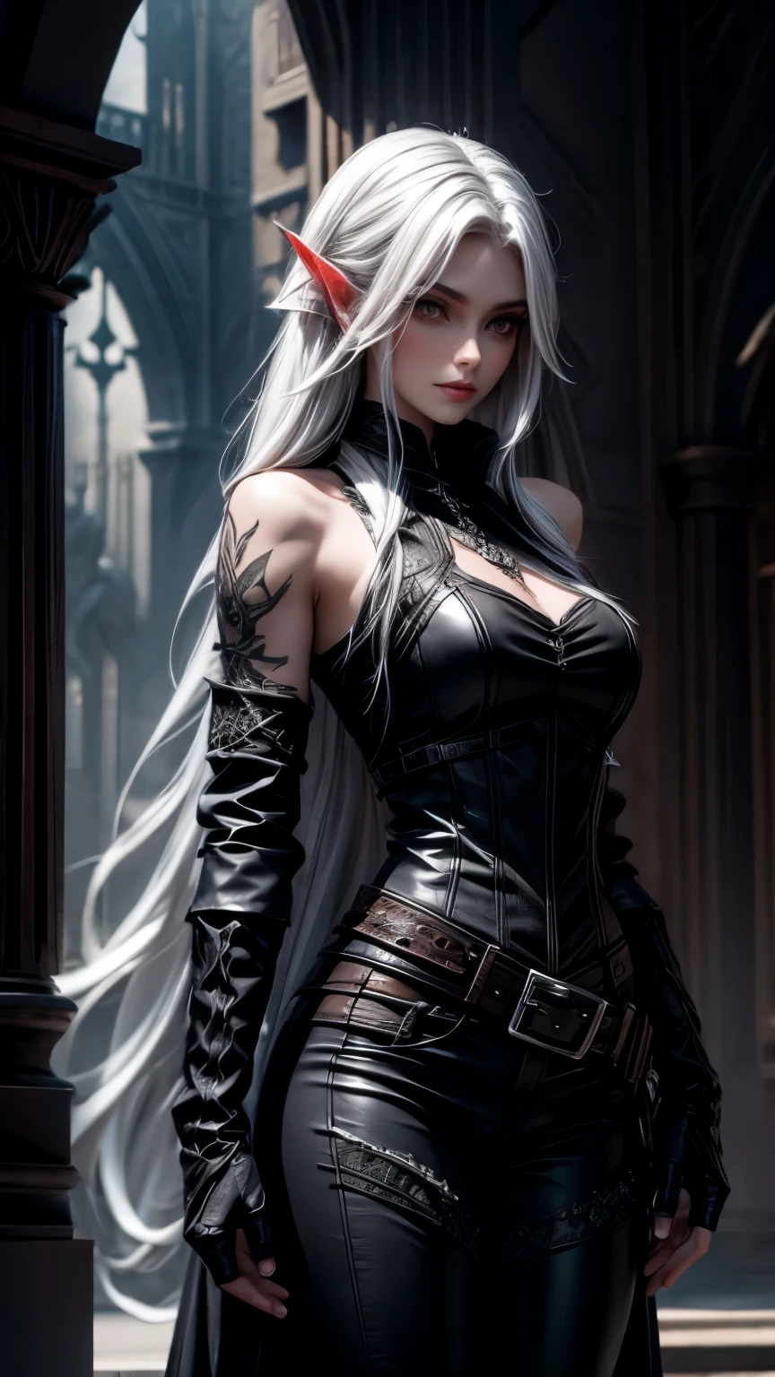 fully clothed, pale shadar-kai skin, dark elf, gloomy, silky white hair, long gloves, black leather armor, hair ornemant flower, standing up, rogue, sleeveless. Leather pants, Goth girl. 