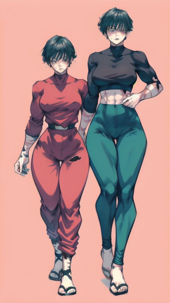 Full body image of Maki Zenin from Jujutsu Kaisen, full body in image, wearing her post-clan outfit (sleeves torn, harem pants), visible scars, short dark hair, female body, athletic and muscular body, dynamic pose, detailed pose, simple background, expressive face showing determination, focus on face, line art, sketch