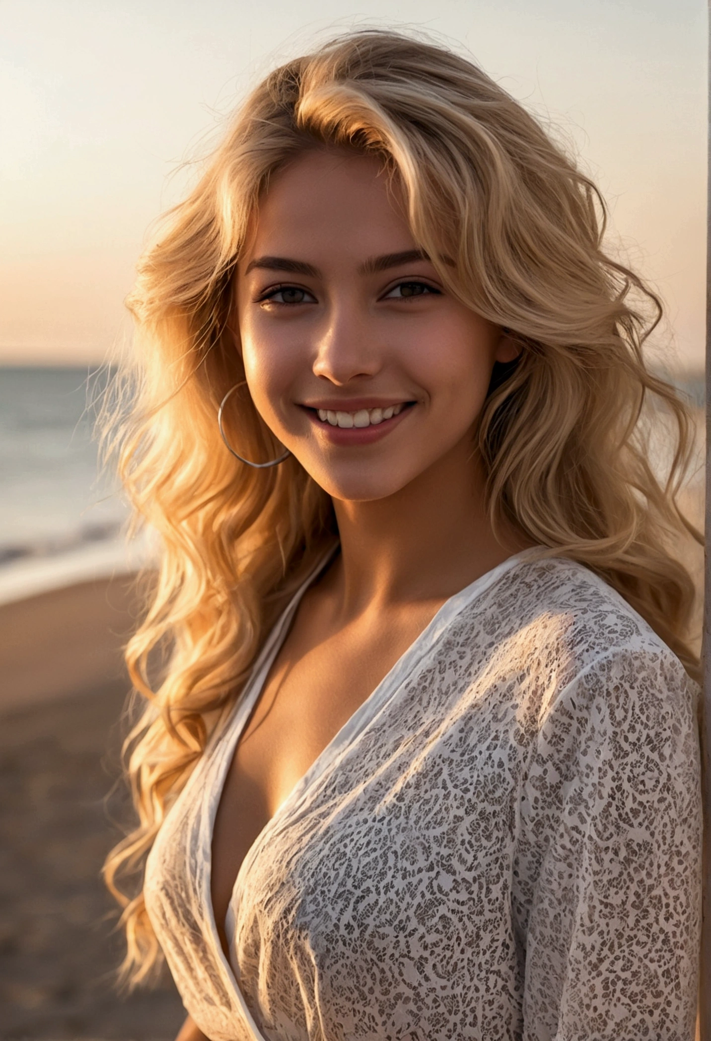 work of art, top-quality, high resolution, work of art, a beautiful woman 21 years old, beautiful smile, Black and white clothing , mid-length skirt to the knees, Rooms in the house, Holding the key in hand, Colossal body, hair blonde longo e bagunçado e ventoso, on a beach with a beautiful sunset, posing for camera facing down, looking at the camera, half smile, biting your lip, hair blonde, (extremely detailed 8k wallpaper), soft lighting, high qualiy, Film grain, Sharp focus Fujifilm XT3, f5.6, 50 mm, high détail, sharp focus,(naturallight), (seducer), elegant shirt, revealing, realisitic, sensuous, portraite, upper body view, addressed