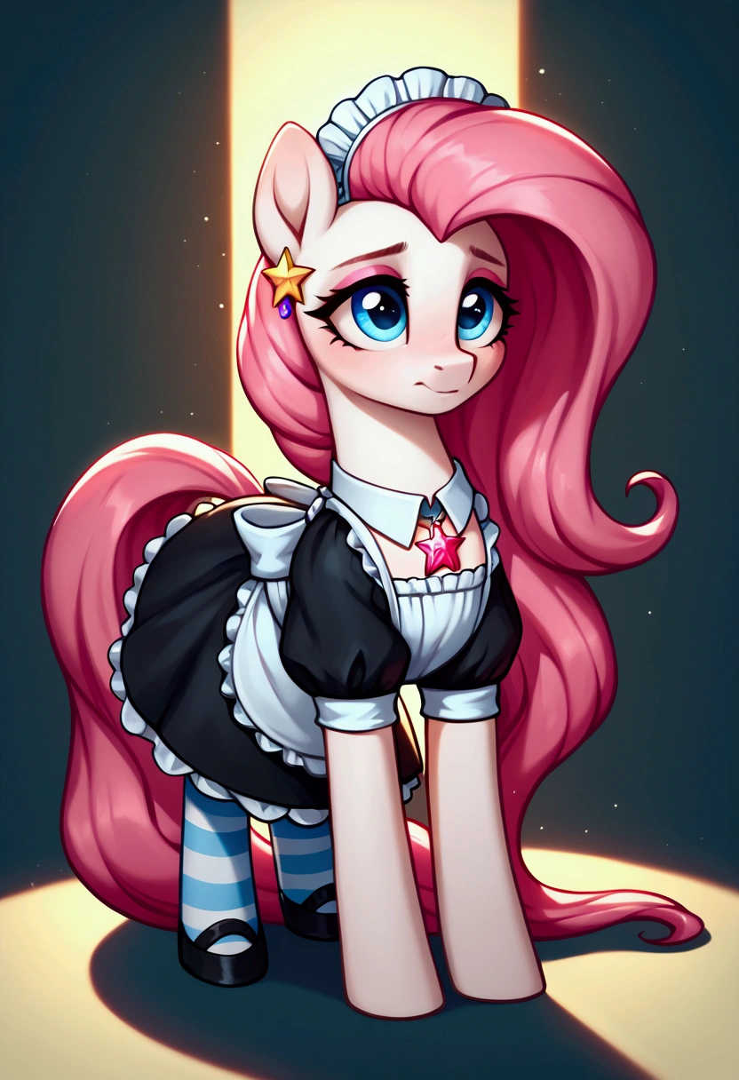 score_9,score_8_up,score_7_up,score_6_up, ((my little pony)), radiant lighting, vibrant colors, whimsical atmosphere, 8K, high resolution, highly detailed, masterpiece, (shy look), ((pony body)), ((brightness white body)), blue eyes, (maid costume), striped stockings, star pendant, earrings, eyeshadow, (very long pink hair:1.3), ((hot pose)), (devoted gaze)