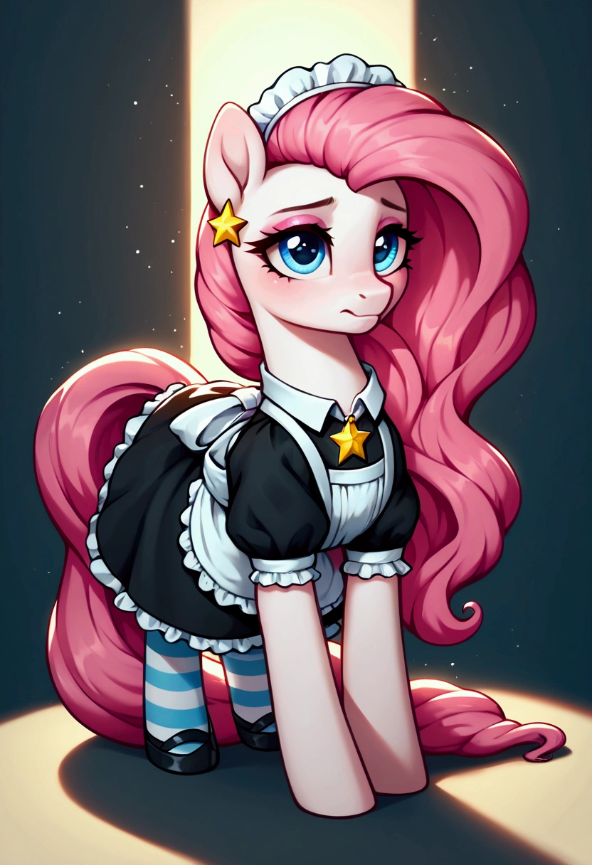 score_9,score_8_up,score_7_up,score_6_up, ((my little pony)), radiant lighting, vibrant colors, whimsical atmosphere, 8K, high resolution, highly detailed, masterpiece, (shy look), ((pony body)), ((brightness white body)), blue eyes, (maid costume), striped stockings, star pendant, earrings, eyeshadow, (very long pink hair:1.3), ((hot pose)), (devoted gaze)