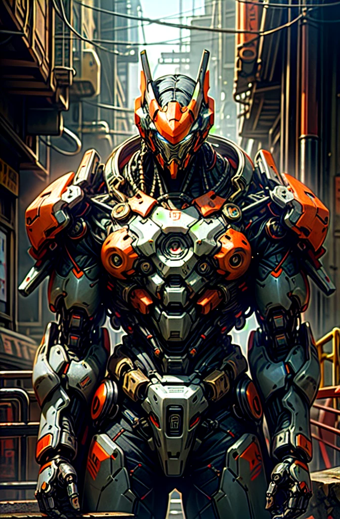 Dark_Fantasy,Cyberpunk,(chain saw,chain saw man,Red:1.1),1man,Mechanical marvel,Robotic presence,Cybernetic guardian, wearing a worn-out mech suit, intricate, (steel metal [rusty]), elegant, clear focus, shot by greg rutkowski, soft lighting, vibrant colors, masterpiece, ((street)), cowboy shot, dynamic pose,