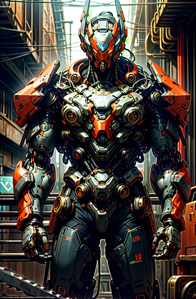 Dark_Fantasy,Cyberpunk,(chain saw,chain saw man,Red:1.1),1man,Mechanical marvel,Robotic presence,Cybernetic guardian, wearing a worn-out mech suit, intricate, (steel metal [rusty]), elegant, clear focus, shot by greg rutkowski, soft lighting, vibrant colors, masterpiece, ((street)), cowboy shot, dynamic pose,