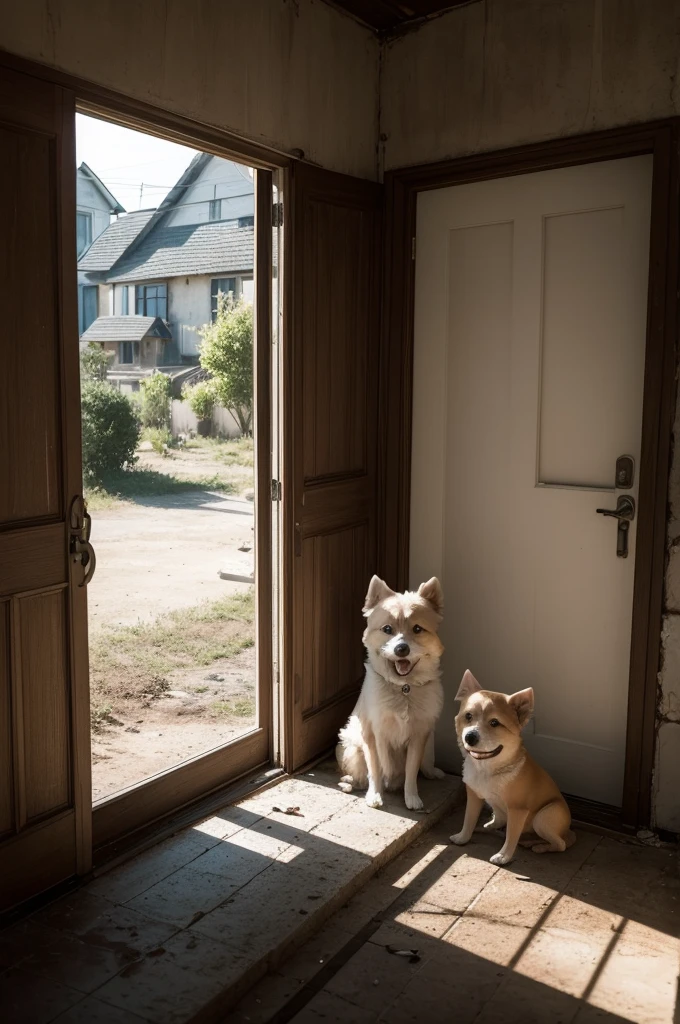 A light-colored little dog is sitting in front of an old, shadowy house. The house is partially enveloped in shadows, with dusty windows and a desolate appearance. In the door or one of the windows, there is the threatening silhouette of a woman who seems to be watching the little dog outside. The dog's expression is one of fear and uncertainty, contrasting with the oppressive aura of the house in the background. The image conveys a sense of tension and impending escape.