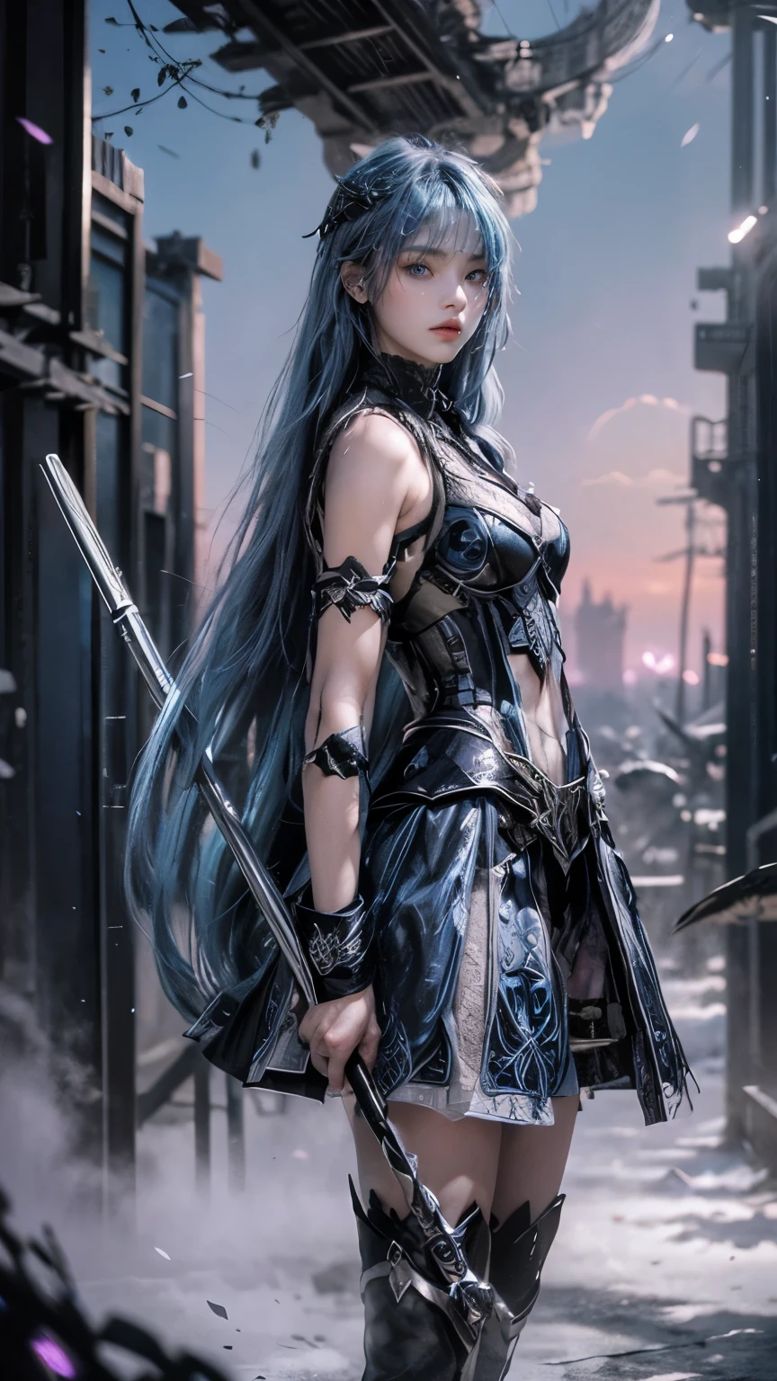 Realistic, Extreme close up, Create an image of a young girl of a and elegant girl warrior with long blue hair and blue eyes. She is wearing a detailed purple and black armored dress with intricate patterns and silver accents. The character holds a black sickle stick with a unique design. She has a serious expression and is set against a backdrop of a colorful sky during sunset, with pink and purple hues blending together.