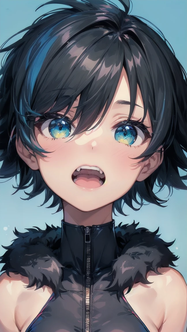Close-up of a cartoon girl with blue hair and a yellow shirt, 2D Animation, 2D Animation style, 2D Art, 2D Art, 2D from Gorillaz, 2D from Gorillaz, 2D Gorillaz, Screaming Cerket, 2D Sprites, Jinx Face, short hair, Small breasts, hot pants, ((Black Hair, Bright blue fur inside:1.4))