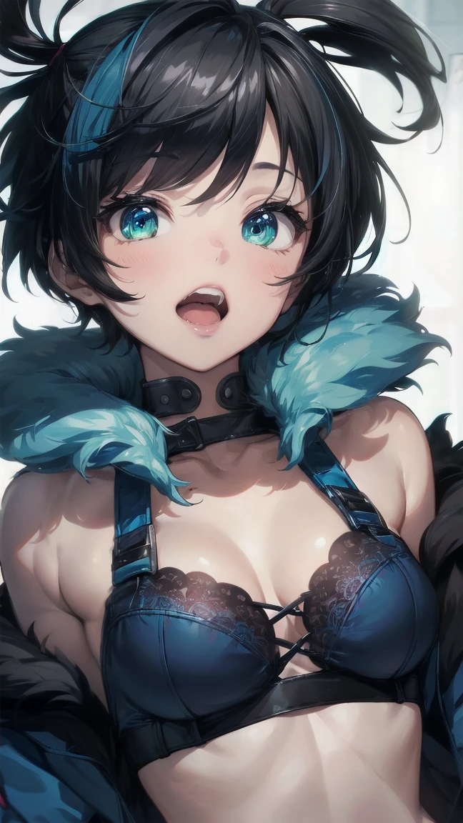 Close-up of a cartoon girl with blue hair and a yellow shirt, 2D Animation, 2D Animation style, 2D Art, 2D Art, 2D from Gorillaz, 2D from Gorillaz, 2D Gorillaz, Screaming Cerket, 2D Sprites, Jinx Face, short hair, Small breasts, hot pants, ((Black Hair, Bright blue fur inside:1.4))