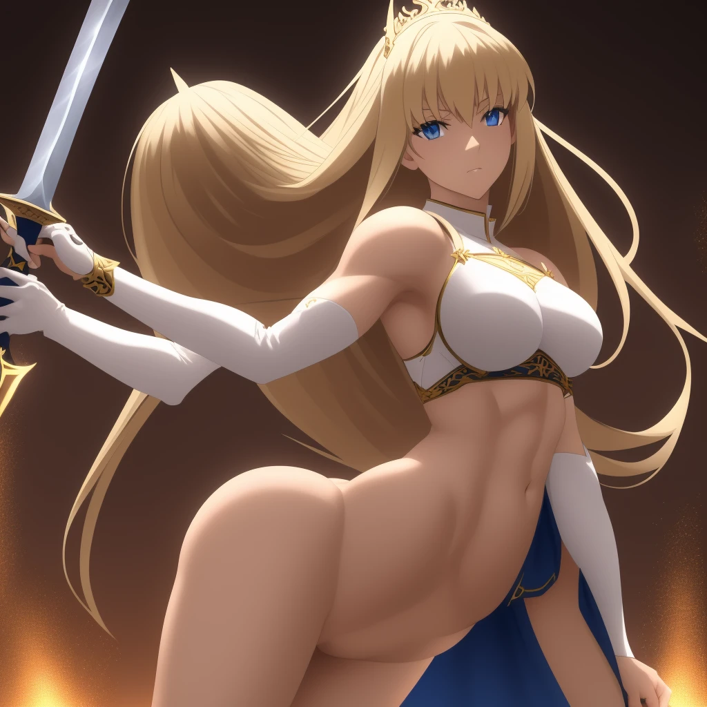 Illustration, Saber, Fate series, anime girl, long blonde hair (flowing, and with a few loose strands), regal expression (with a hint of confidence), armor (detailed, intricate, and with a few scratches), large breasts (36D, firm, and perky), athletic build (lean, and with a subtle six-pack), smooth skin (porcelain-like complexion, with a subtle sheen), toned arms (muscular, and with a few scars), intricate details (dainty fingers, with a few rings, and a sword on her right hand), dynamic pose (standing forward, with her right hand holding the sword, and her left hand on her hip), dramatic lighting (high-contrast, with a cool glow), background (a blurred, medieval-inspired landscape, with a few castles), camera angle (slightly above, with a subtle tilt), 4k, high resolution, ultra high resolution, intricate detail, detailed texture, heroic atmosphere, solo character, single figure