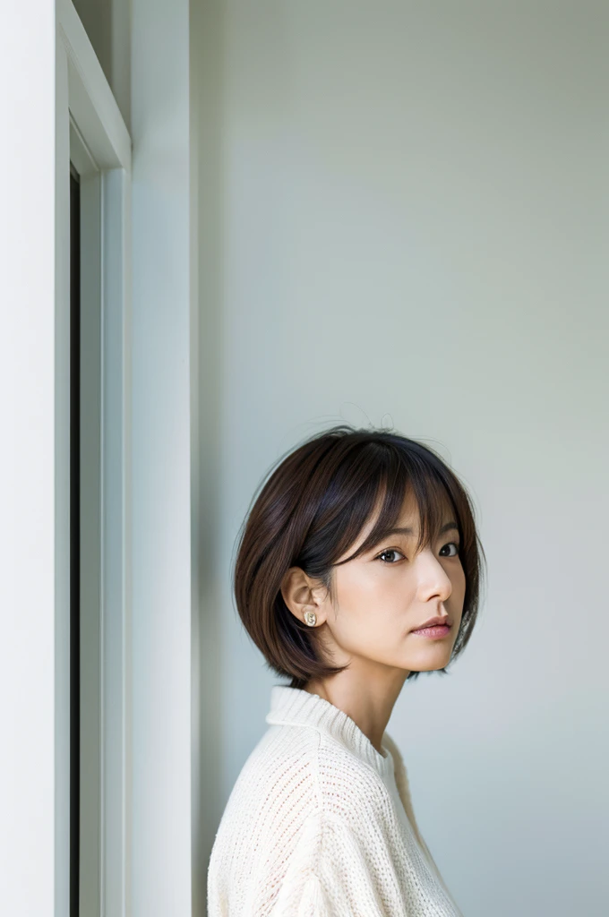 8K, (RAW Photos), (Photo Real:1.4), (4K best image quality:1.2), (High resolution:1.4), (Ultra-realistic:1.1), Depth of written boundary, (Detailed face), (Fine grain), Beautiful Eyes, (Japanese women, 40 years old), In front of the white door, ((In a room with white walls and a window)), Natural soft light, Short Bob, (Layered Haircut:1.0), (Detailed expression of hair), (profile), Various poses, Random Pause, Dress up