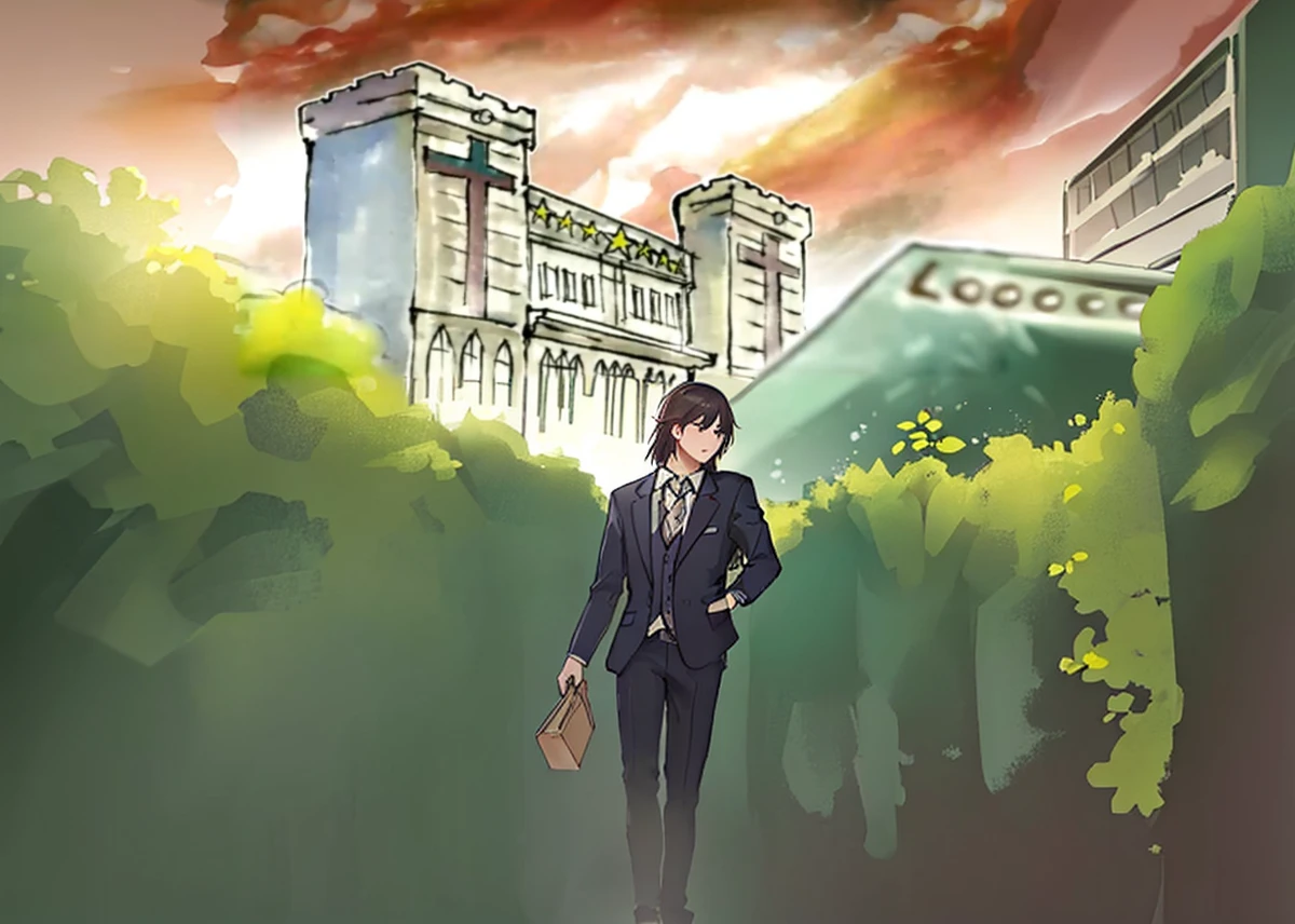 7  men in suits walking, trees and bushes