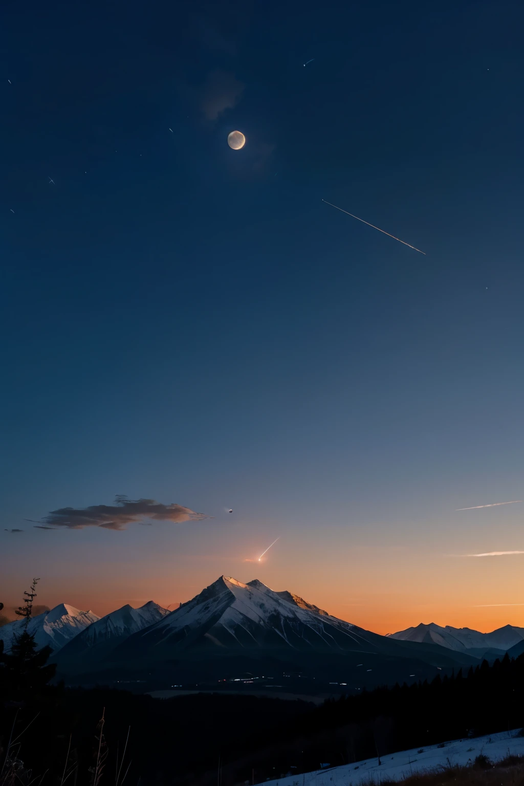 At dusk, the moon on the mountain in the distance, next to a meteor flying towards the moon.