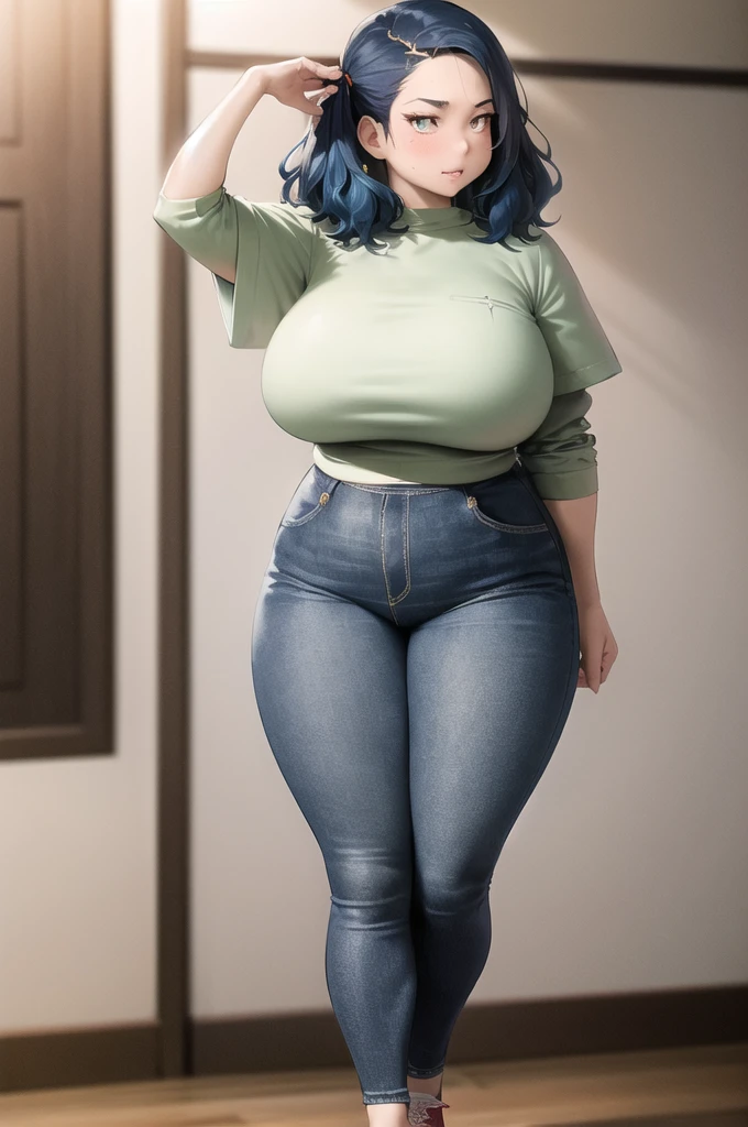 ((best quality)), ((masterpiece)), (detailed), perfect face, 4k, 8k , thick woman, thick body, Indonesian-japanese goddess , blue hair , wavy short hair , wearing sneakers , full body, tight denim pants, jeans, slightly fat belly , slightly fat thighs , slightly fat arms, woman , fat cheeks ,