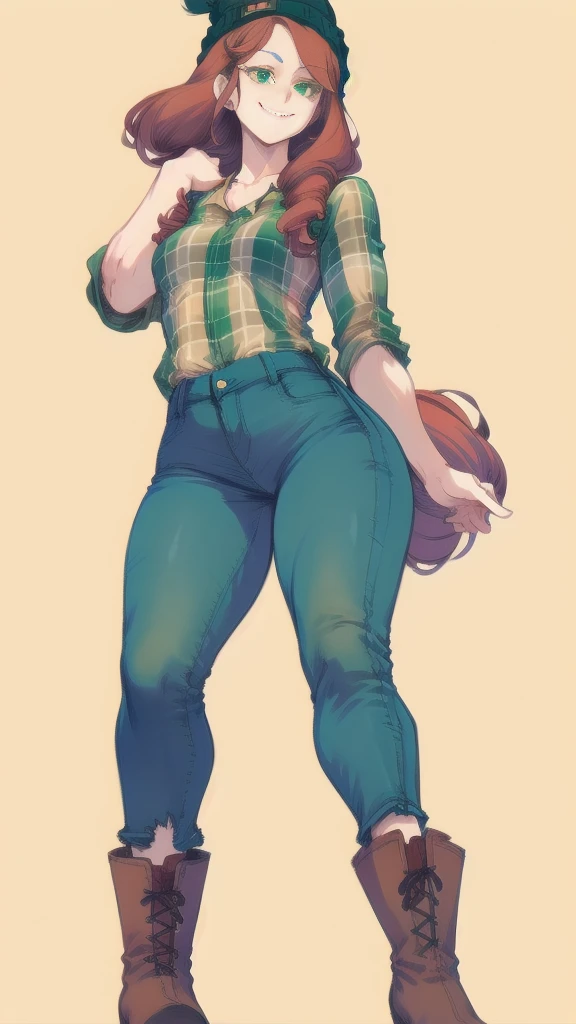 Full body image of Wendy from Gravity Falls, full body in image, wearing her original outfit (green plaid shirt, dark jeans, and brown boots), long red hair with a beanie, female body, tall and slender body, dynamic pose, detailed pose, simple background, expressive face showing a laid-back smile, focus on face, line art, sketch