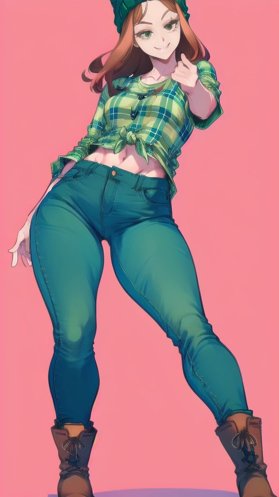 Full body image of Wendy from Gravity Falls, full body in image, wearing her original outfit (green plaid shirt, dark jeans, and brown boots), long red hair with a beanie, female body, tall and slender body, dynamic pose, detailed pose, simple background, expressive face showing a laid-back smile, focus on face, line art, sketch